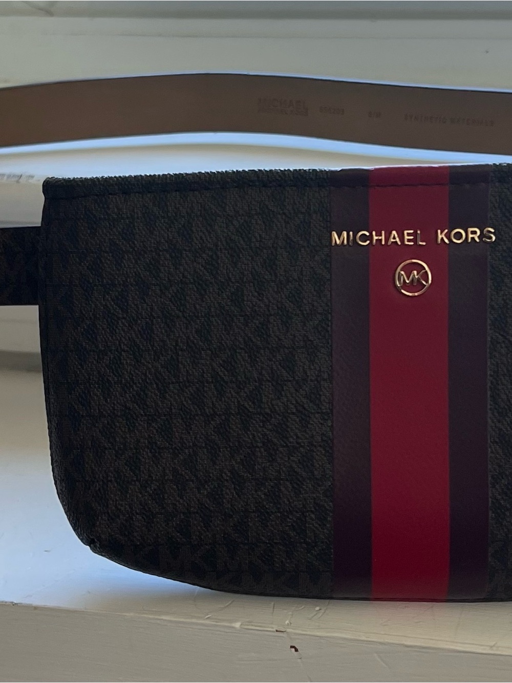 Michael Kors Brown Signature Belt Bag with Red Stripe